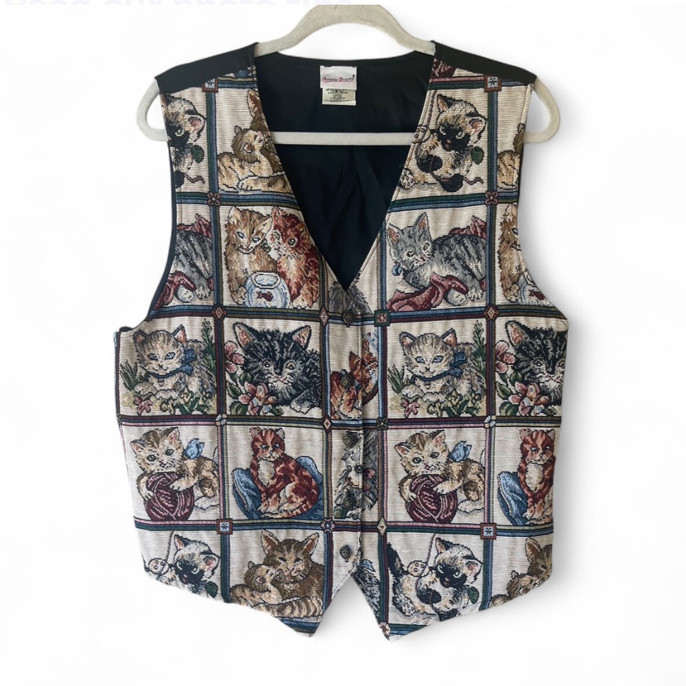 Vintage 90's Bobbie Brooks Cat Kitten Tapestry Button Up Vest (Sz L)